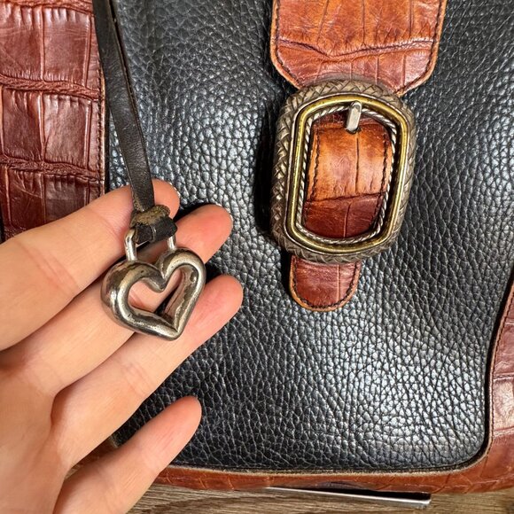 Vintage Brighton Black Brown Croc Embossed Structured Double Strap Shoulder Bag - Picture 3 of 16